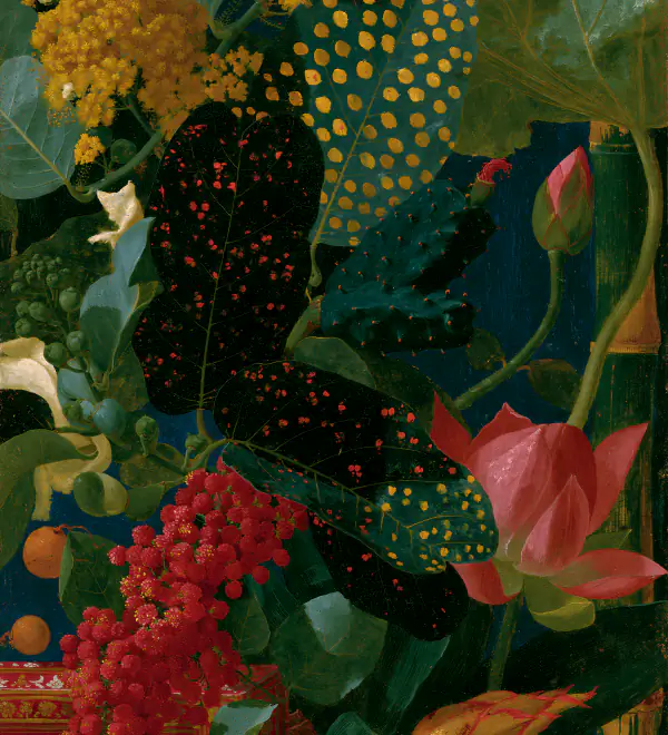Ilustração de folhas, flores e frutos