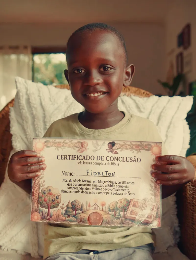 Menino da Aldeia Nwana, em Moçambique, mostrando seu certificado de leitura da Bíblia