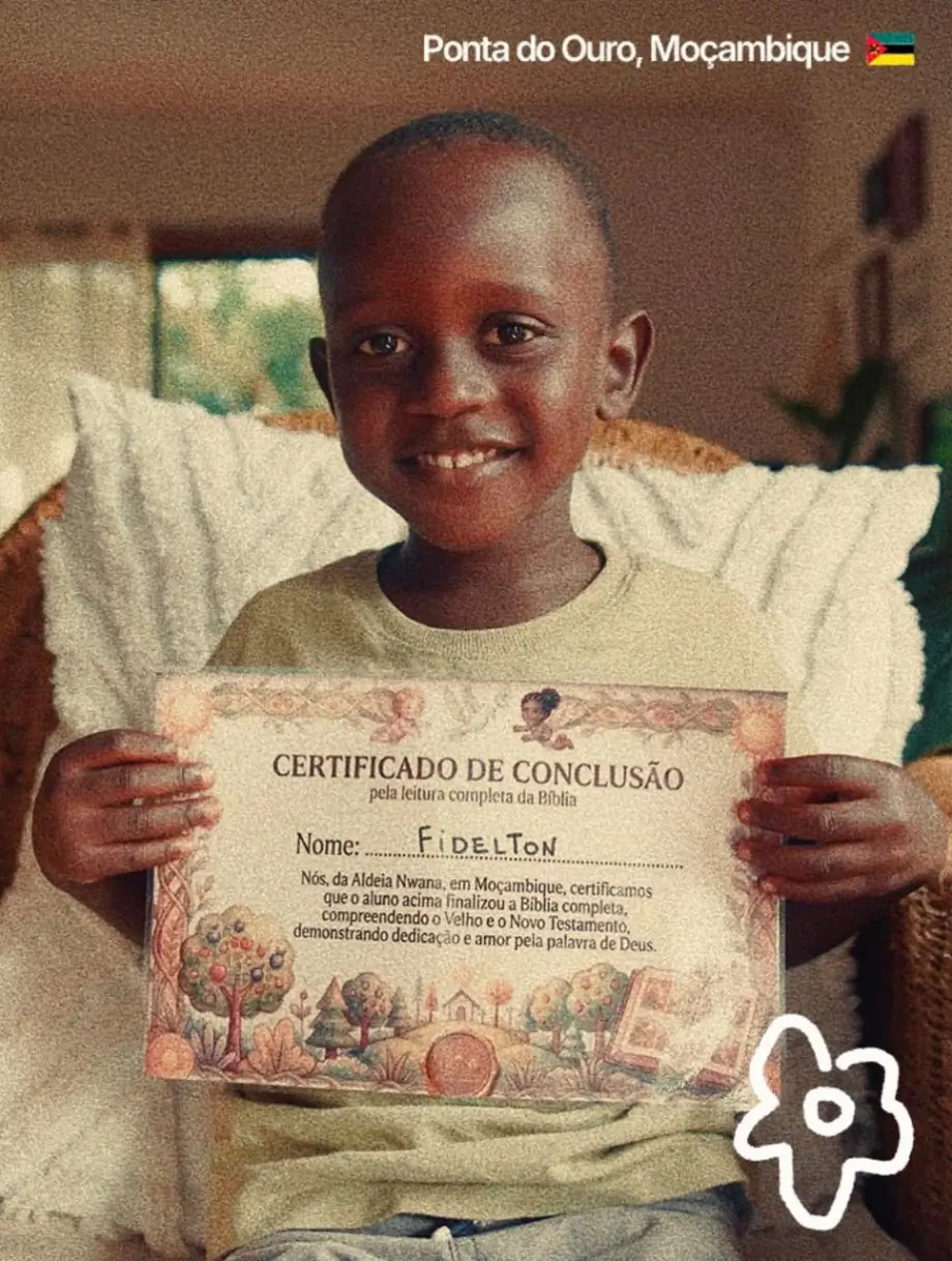 Criança da Aldeia Nwana segurando um certificado de leitura da Bíblia