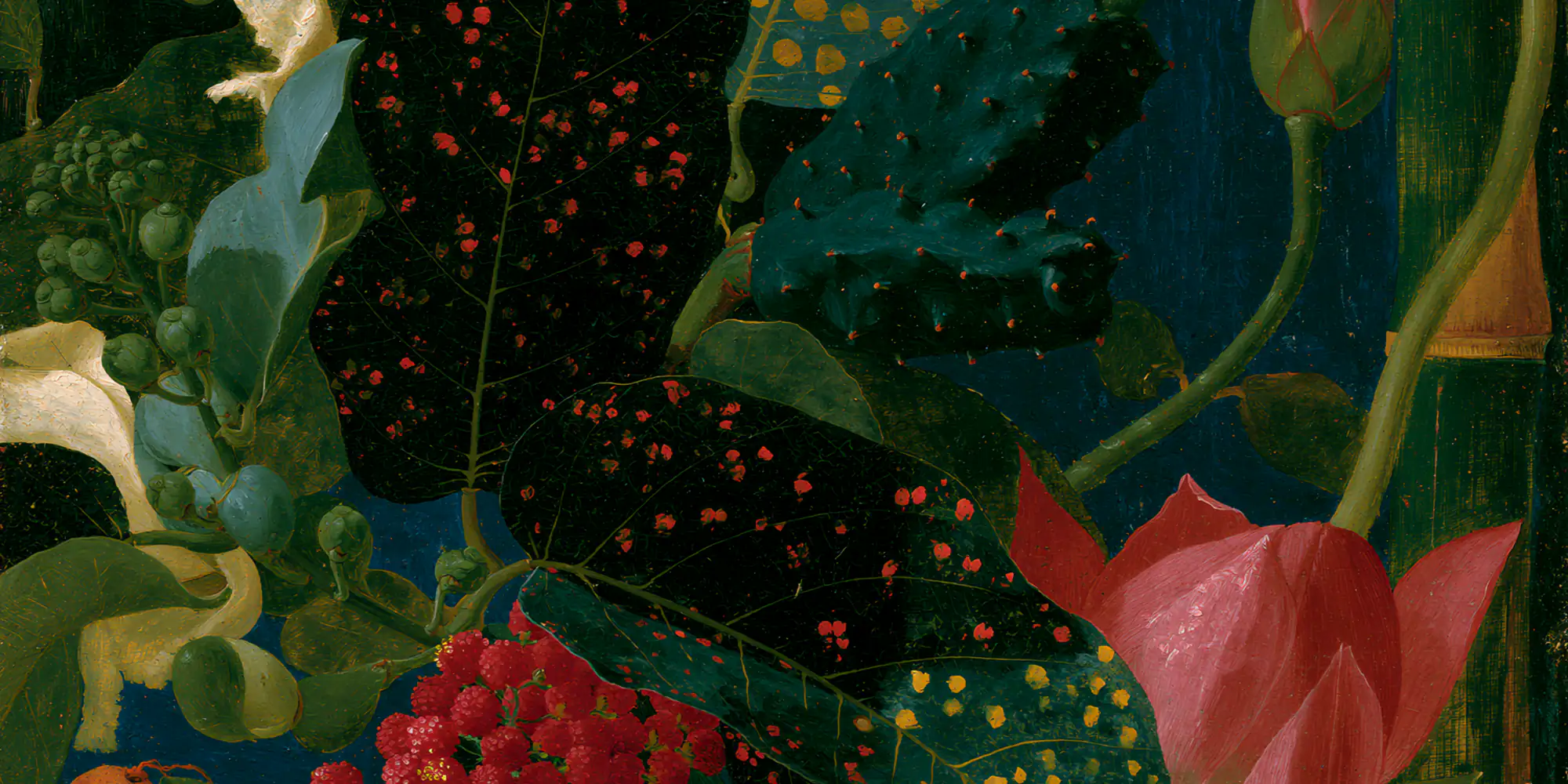 Frutas e flores sobre fundo escuro